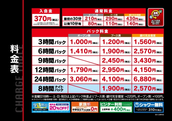 自遊空間 SELF西川口駅前店の料金表