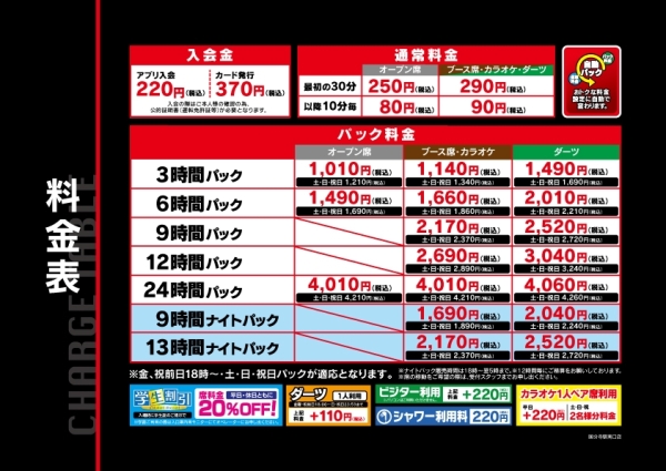 自遊空間 国分寺駅南口店の料金表
